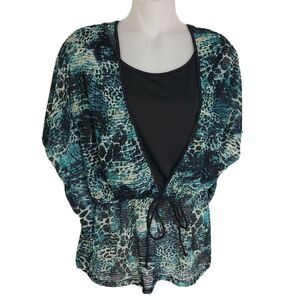 Covington Womens Blouse Small Top Green Black Batwing Sleeve Built in Cami Tie W